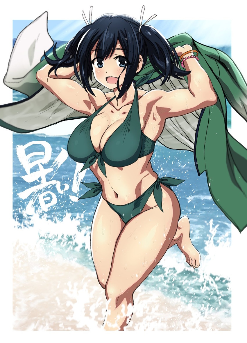 armpits beach bikini blue_eyes blue_hair breasts cleavage dagashi_(place) dark_blue_hair female green_bikini green_kimono highres japanese_clothes kantai_collection kimono large_breasts looking_at_viewer navel no_shoes ocean open_mouth smile solo souryuu_(kancolle) swimsuit toes twintails upper_body