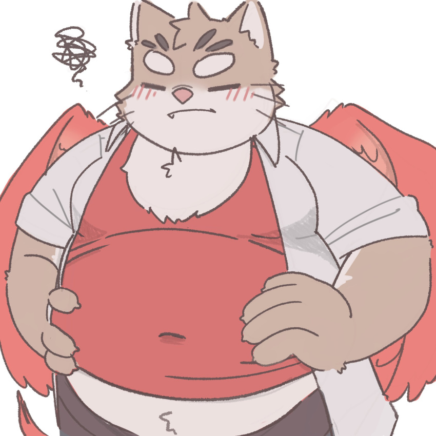 1:1 2022 anthro belly big_belly blush closed_eyes clothing domestic_cat felid feline felis hi_res humanoid_hands jamiephut kemono lifewonders male mammal overweight overweight_male shirt sitri_(tas) solo tokyo_afterschool_summoners topwear wings