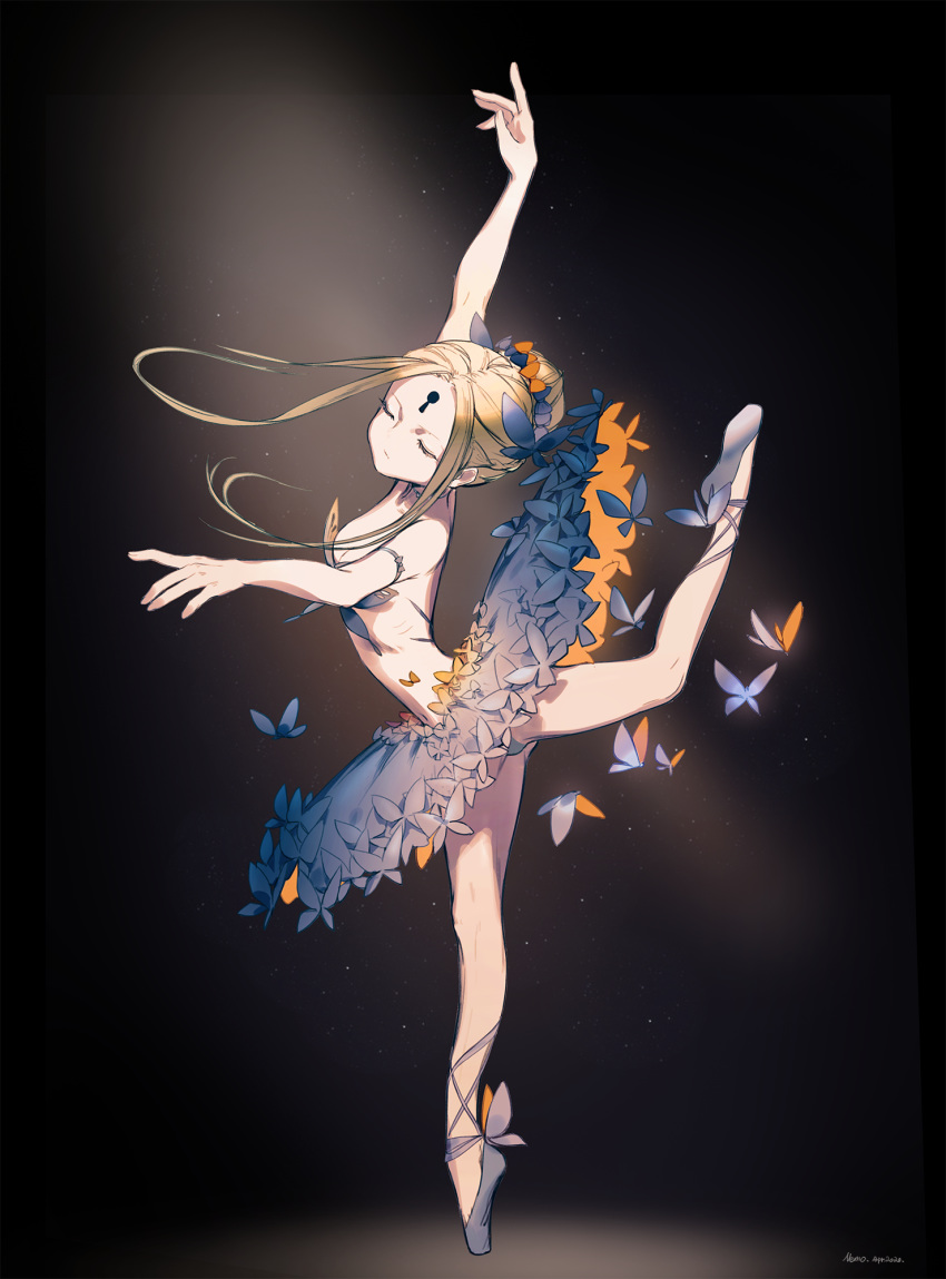 abigail_williams_(fate) arabesque_(pose) ballerina ballet_slippers black_bow black_dress black_panties blonde_hair bow breasts closed_eyes dress en_pointe fate/grand_order fate_(series) female hairbow highres keyhole long_hair multiple_hair_bows nemo_(leafnight) orange_bow panties small_breasts solo standing standing_on_one_leg tutu underwear