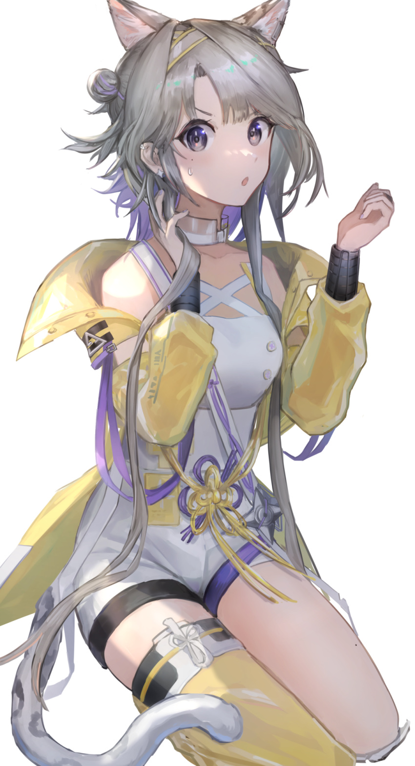 :o animal_ear_fluff animal_ears arknights bare_shoulders brown_eyes cat_ears cat_girl cat_tail collar collarbone ear_piercing extra_ears female flower_knot grey_hair hair_bun hairband highres invisible_chair jacket kazemaru_(arknights) leotard long_hair long_sleeves looking_at_viewer mole mole_under_eye off_shoulder open_clothes open_jacket open_mouth piercing ribbon simple_background single_hair_bun single_side_bun single_thighhigh sitting skirt solo sweater tail thighhighs v-shaped_eyebrows very_long_hair weasel_(close-to-the-edge) white_background white_hairband white_leotard yellow_ribbon yellow_skirt yellow_thighhighs