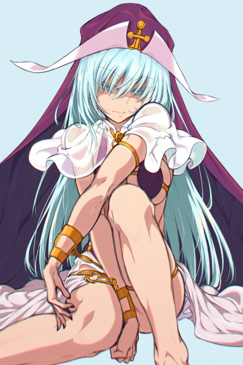 absurdres angry aradia_(toaru) armlet bare_legs between_legs bikini blue_background blue_eyes blue_hair breasts capelet cross feet_out_of_frame female frown gold_bracelet half-closed_eyes hand_between_legs highres irokohaku keyhole large_breasts leg_up long_hair purple_bikini purple_headwear purple_nails revealing_clothes see-through see-through_capelet see-through_skirt sitting skirt solo swimsuit toaru_majutsu_no_index toaru_majutsu_no_index:_genesis_testament very_long_hair witch