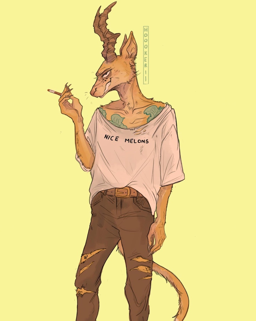 2020 4:5 antelope anthro beastars bottomwear bovid clothed clothing denim denim_bottomwear denim_clothing felid fully_clothed fur gazelle hi_res hoookerii horn hybrid jeans leopard male mammal melon_(beastars) pantherine pants shirt simple_background solo standing t-shirt topwear torn_bottomwear torn_clothing torn_jeans torn_pants yellow_background yellow_body yellow_fur