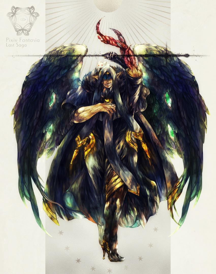 1boy ansudada_(pixiv_fantasia_last_saga) arm_up blindfold clenched_teeth copyright_name full_body fur_trim gold_trim highres pixiv_fantasia pixiv_fantasia_last_saga pointy_ears sansyou-1-(yamatanaka) simple_background solo standing teeth tentacle wings