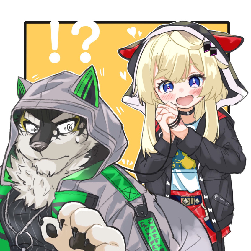 1:1 ?! anthro black_clothing black_pawpads blonde_hair blue_eyes blush canid canine canis clothing domestic_dog duo female hair hi_res hoodie human husky lifewonders live_a_hero male mammal melide monomasa nordic_sled_dog pawpads sdeekkk spitz topwear white_clothing