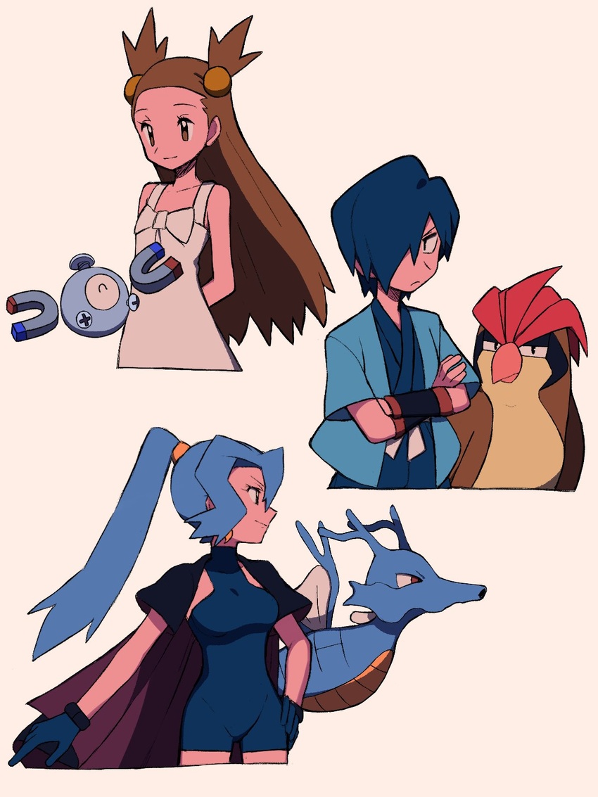 1boy 2girls arm_behind_back black_wristband blue_bodysuit blue_gloves blue_hair blue_jacket blue_kimono bodysuit breasts brown_eyes brown_hair clair_(pokemon) closed_mouth crossed_arms dress eyelashes falkner_(pokemon) frown gloves hair_bobbles hair_ornament highres jacket japanese_clothes jasmine_(pokemon) kimono kingdra long_hair magnemite multiple_girls pidgeotto pokemon pokemon_(creature) pokemon_gsc ponytail short_hair simple_background sleeveless sleeveless_dress smile two_side_up tyako_089 white_dress