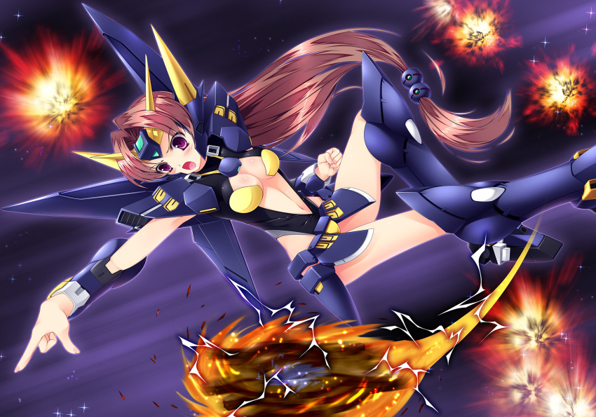 :o boots breasts center_opening cleavage clenched_hand explosion female flying highres huckebein knee_boots long_hair low-tied_long_hair madai_taipe mecha_musume navel open_mouth personification pointing pointing_down purple_eyes red_hair small_breasts solo space super_robot_wars super_robot_wars_original_generation very_long_hair