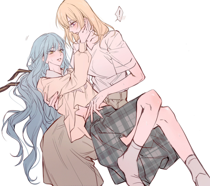 ! 2girls bang_dream! bang_dream!_it's_mygo!!!!! blonde_hair blue_hair brown_shirt collarbone commentary grey_skirt hair_undone hand_on_another's_cheek hand_on_another's_face hashtag-only_commentary highres long_hair long_sleeves looking_at_another lying m_omoo medium_hair misumi_uika multiple_girls no_shoes on_back open_mouth plaid plaid_skirt pleated_skirt purple_eyes shirt short_sleeves simple_background skirt socks spoken_exclamation_mark sweat sweatdrop togawa_sakiko unmoving_pattern very_long_hair white_background white_shirt white_socks yellow_eyes yuri