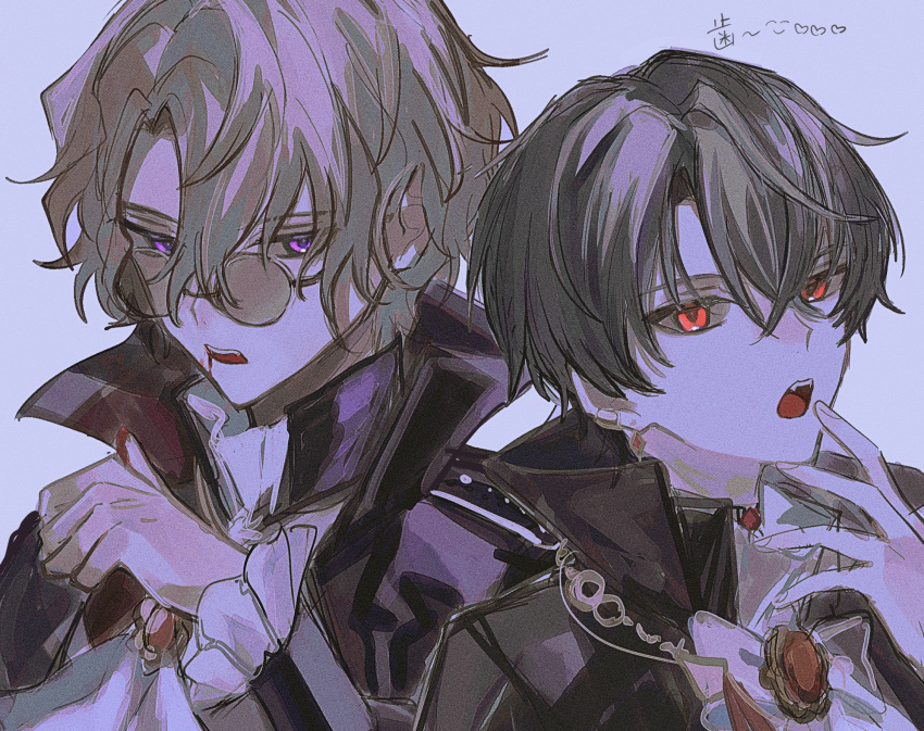 2boys alternate_costume blood blood_on_face blood_on_hands brown_hair cape fangs faust_lavinia glasses grey_background highres looking_at_viewer mahoutsukai_no_yakusoku male_focus multiple_boys open_mouth purple_eyes red_eyes shindoi_(yuiyui316) shino_sherwood short_hair simple_background vampire wavy_hair