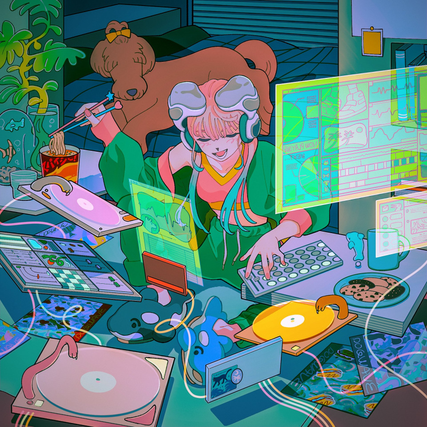 1990s_(style) animal aqua_hair bed blush book brown_dog cable canine chopsticks closed_eyes colorful commentary cookie crop_top cup cup_ramen drinking_glass female fingernails fish fishbowl floating food gradient_hair green_jacket green_pants headphones heart highres holding holding_chopsticks holographic_interface holographic_monitor indoors inuha_dog_wave jacket long_hair long_sleeves midriff mug multicolored_hair noodles off_shoulder open_clothes open_jacket open_mouth original pants phonograph pink_hair pink_sports_bra plant plate puffy_long_sleeves puffy_sleeves record retro_artstyle science_fiction sitting smile solo soundboard sports_bra star_(symbol) vase water