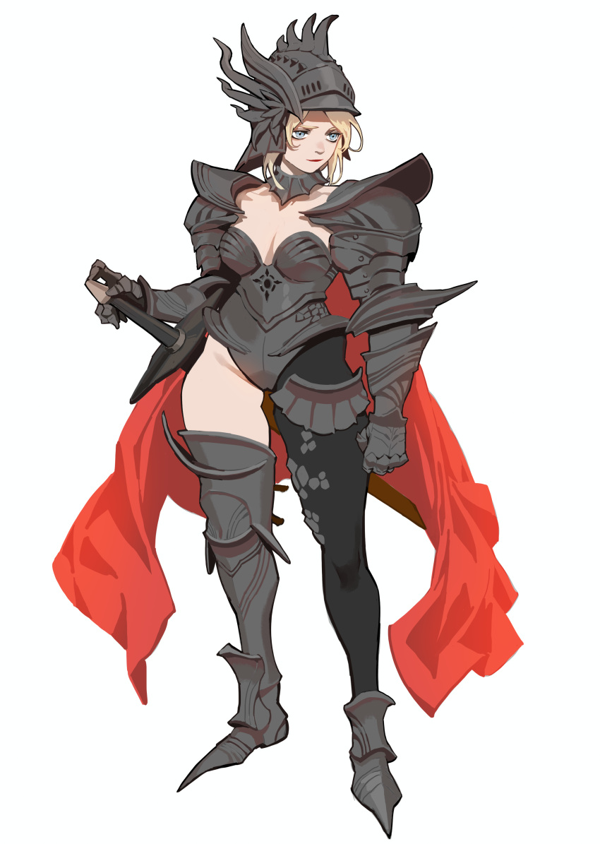 absurdres arm_at_side armor armored_boots black_pantyhose blonde_hair blue_eyes boots breasts cape closed_mouth commentary english_commentary female full_armor full_body gauntlets grey_armor grey_leotard hand_up helmet highres knight leotard looking_to_the_side medium_breasts ori_dal original pantyhose pauldrons plate_armor red_cape revealing_clothes sheath sheathed short_hair shoulder_armor simple_background single_leg_pantyhose smile solo standing sword thigh_boots weapon white_background winged_helmet