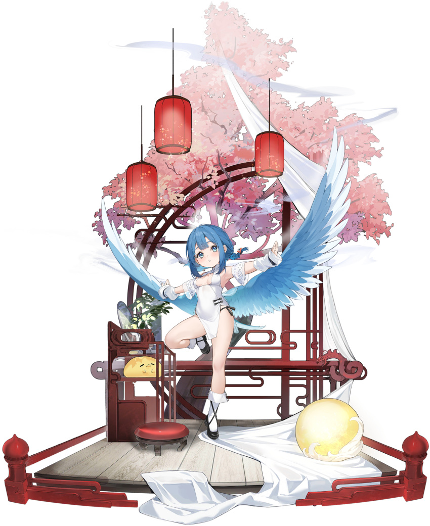 absurdres ahoge architecture armpits artist_request azur_lane bare_shoulders bird bird_girl bird_tail black_footwear black_panties blue_eyes blue_hair blue_wings blush braid branch breasts chair check_artist cherry_blossoms chick china_dress chinese_clothes clothing_cutout detached_sleeves dress east_asian_architecture feathered_wings female full_body highres kneehighs lamp lantern leg_up looking_at_viewer low_wings manjuu_(azur_lane) nishikikope non-web_source official_art orb outstretched_arms panties paper_lantern parted_lips pelvic_curtain petals plant potted_plant ribbon shoes side-tie_panties side_slit sidelocks small_breasts socks solo standing standing_on_one_leg stool table tail thighs transparent_background tree underwear wakatsuki_(azur_lane) wakatsuki_(blue_sparrow_heralding_spring)_(azur_lane) white_dress white_sleeves white_socks white_wings wings wooden_floor