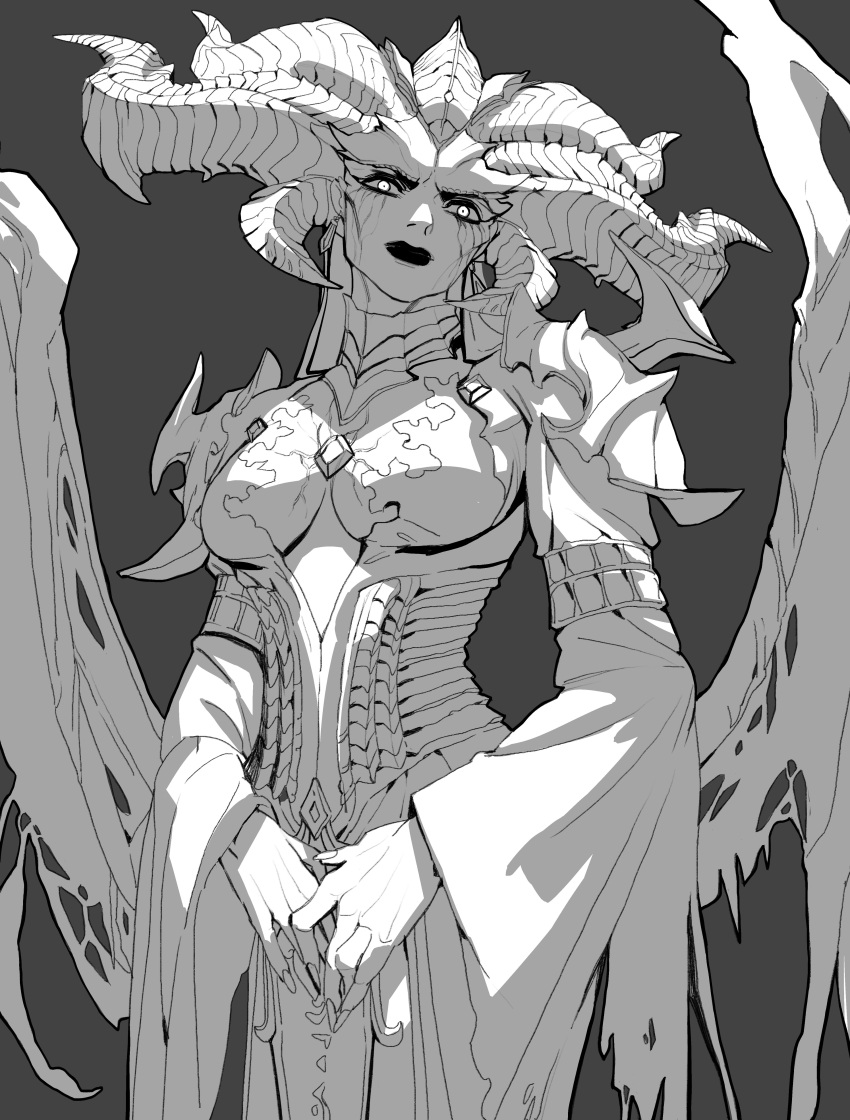 absurdres armlet armor between_breasts breasts commentary cowboy_shot curled_horns demon_girl demon_horns demon_wings diablo_(series) diablo_4 dress earrings english_commentary facial_mark female fingernails head_tilt highres horns jewelry lilith_(diablo) line_art long_sleeves looking_at_viewer monochrome monster_girl multiple_horns ori_dal own_hands_together pauldrons plunging_neckline shoulder_armor simple_background solo torn_wings underbust veins wide_sleeves wings zipper