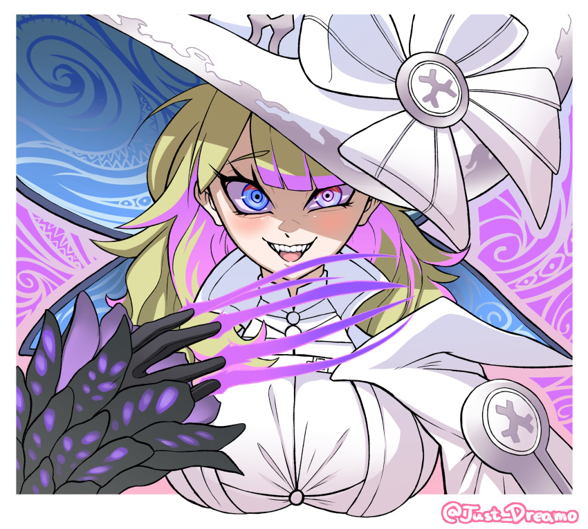 absurdres blonde_hair breasts diabellze_the_original_sinkeeper duel_monster female fingernails gloves hat high_collar highres just_dreamo large_breasts long_fingernails long_hair long_sleeves looking_at_viewer multicolored_hair open_mouth smile solo witch_hat yu-gi-oh!