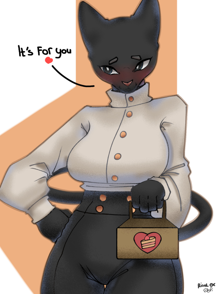 3:4 anthro black_body black_fur cat_tail clothed clothing domestic_cat felid feline felis female fur gift hi_res mammal rizal_ok solo tsundere white_clothing