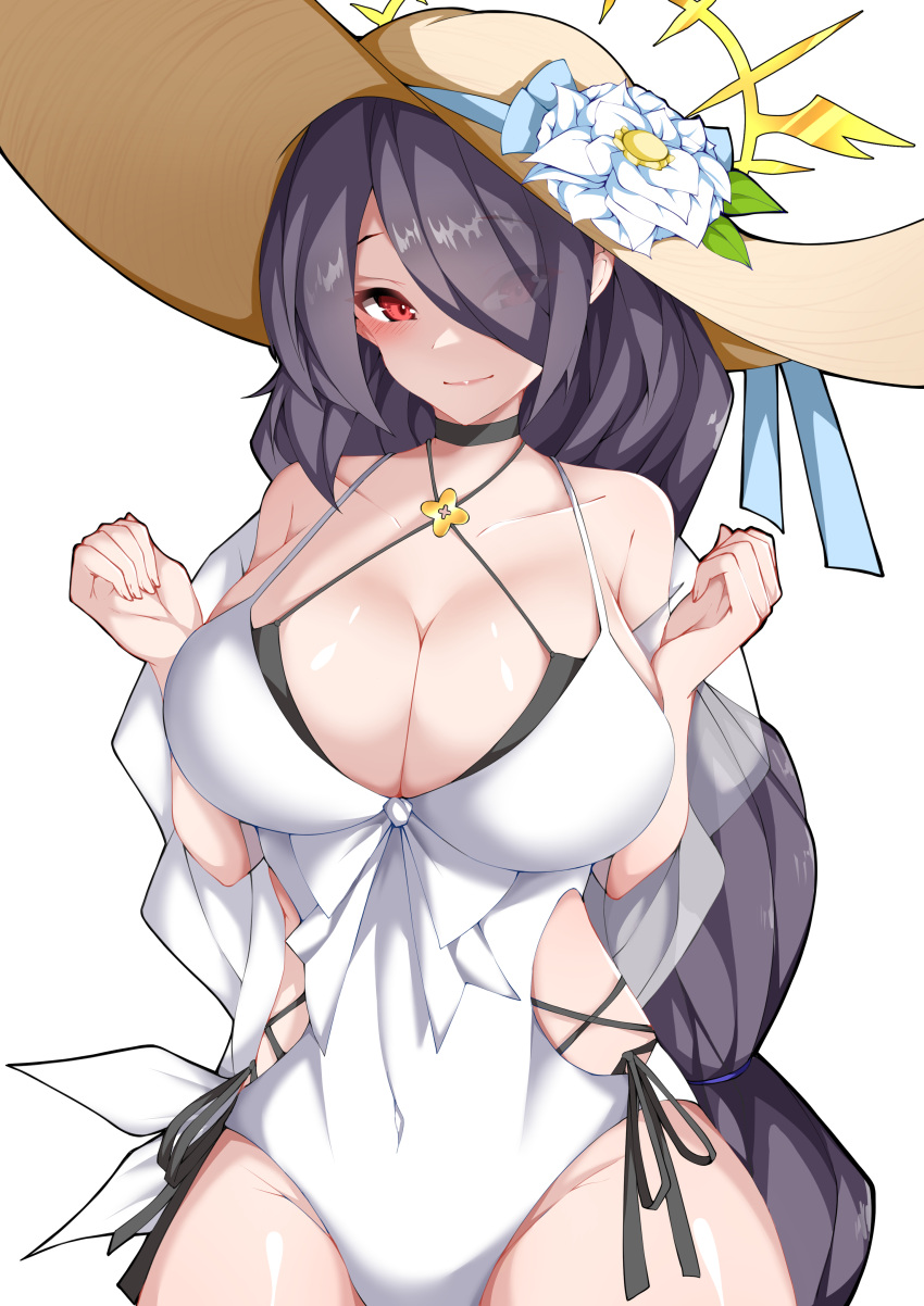 absurdres black_hair blue_archive breasts brown_hat cleavage closed_mouth collarbone eyes_visible_through_hair female flower hair_over_one_eye hat hat_flower highres hinata_(blue_archive) hinata_(swimsuit)_(blue_archive) large_breasts long_hair looking_at_viewer official_alternate_costume okine_(okine691) one-piece_swimsuit red_eyes simple_background smile solo straw_hat swimsuit white_background white_flower white_one-piece_swimsuit