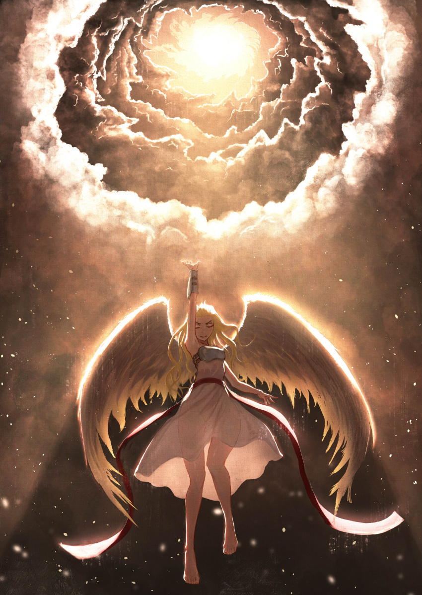 absurdres angel angel_wings arm_up armor armpits ass_visible_through_thighs backlighting bare_legs bare_shoulders barefoot blonde_hair breastplate breasts buckle clip_studio_paint_(medium) closed_eyes cloud cloudy_sky commentary dress english_commentary faux_traditional_media feathered_wings female floating_hair flying from_below full_body glowing highres legs_apart light light_particles light_rays long_hair medium_breasts original outstretched_arm red_ribbon ribbon sash see-through see-through_dress sky sleeveless sleeveless_dress solo spread_wings sun sunbeam sunlight tbocart white_dress white_wings wings