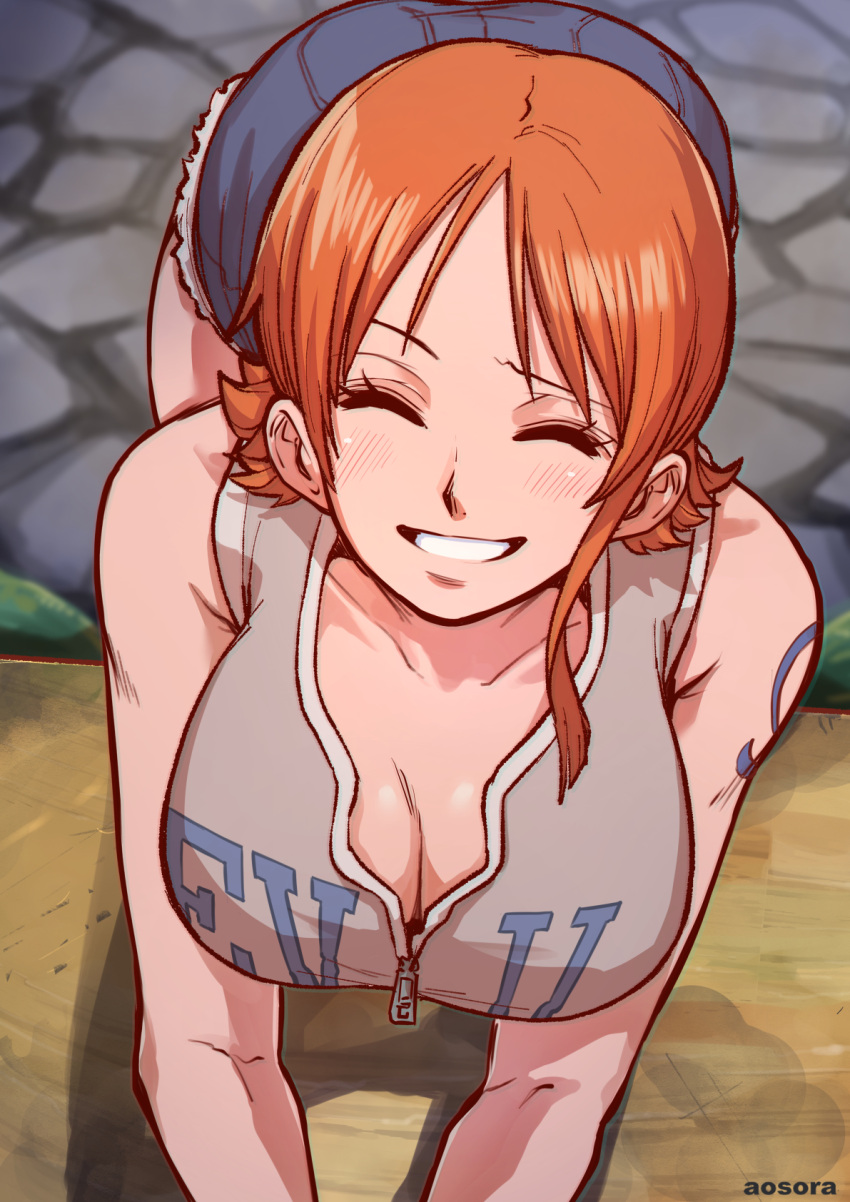 ^_^ all_fours aosora2823 blue_shorts breasts cleavage closed_eyes collarbone commentary_request dress female grey_shirt highres large_breasts nami_(one_piece) one_piece one_piece:_dead_end_adventure orange_hair shirt short_hair shorts shoulder_tattoo sleeveless sleeveless_shirt smile solo tattoo