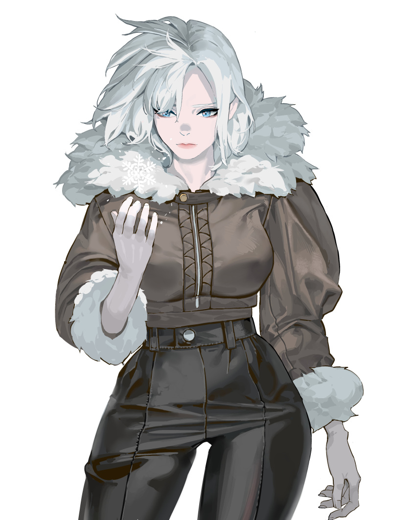 absurdres arm_at_side black_pants blue_eyes breasts brown_jacket closed_mouth commentary contrapposto cowboy_shot english_commentary female fur-trimmed_hood fur-trimmed_jacket fur-trimmed_sleeves fur_trim hair_over_one_eye hand_up highres hood hood_down hooded_jacket jacket large_breasts long_sleeves looking_at_hand ori_dal original pants pink_lips puffy_long_sleeves puffy_sleeves short_hair simple_background snowflakes solo tight_clothes tight_pants white_background white_hair