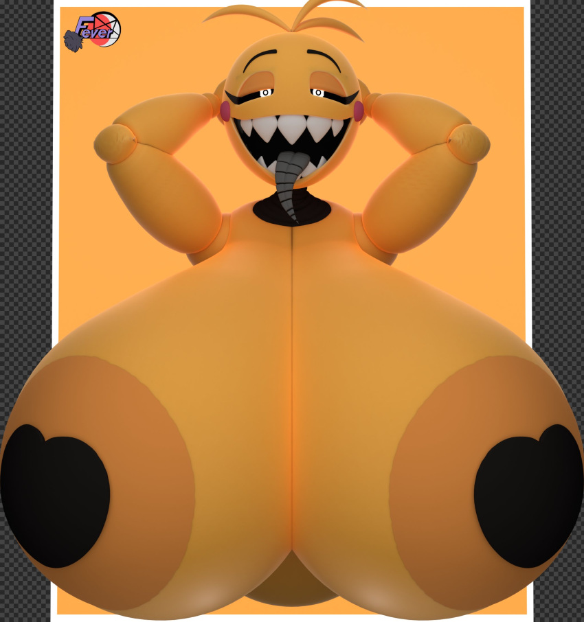 1girls 3d 3d_(artwork) animatronic areolae big_breasts eyebrows eyelashes female female_only feversfm five_nights_at_freddy's five_nights_at_freddy's_2 heart-shaped_pasties huge_breasts large_breasts looking_at_viewer open_mouth pasties scottgames sharp_teeth solo solo_female solo_focus tongue tongue_out toy_chica_(cyanu) toy_chica_(fnaf) yellow_body yellow_skin