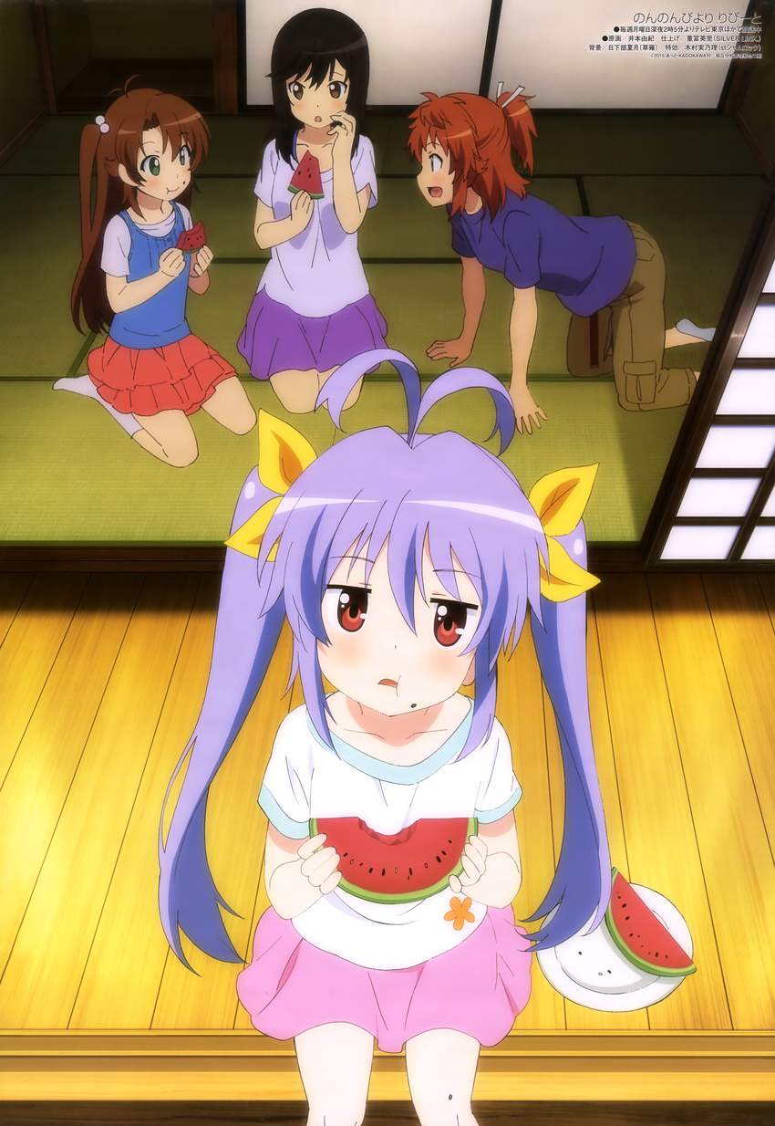 4girls absurdres antenna_hair black_hair brown_eyes brown_hair casual food fruit green_eyes highres ichijou_hotaru imoto_yuki koshigaya_komari koshigaya_natsumi looking_at_viewer miyauchi_renge multiple_girls non_non_biyori official_art purple_hair red_eyes socks watermelon