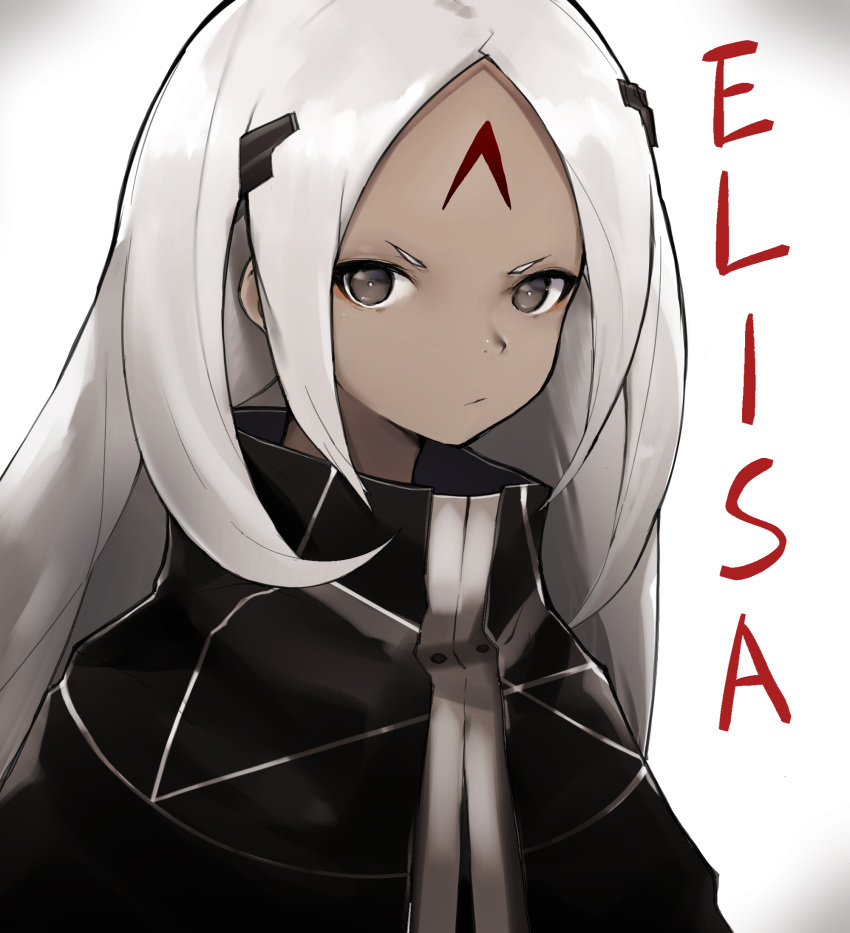 bad_id bad_pixiv_id black_cloak character_name cloak ddari elisa_(girls'_frontline) facial_mark female forehead_mark girls'_frontline grey_eyes hair_ornament highres long_hair looking_at_viewer sangvis_ferri simple_background solo upper_body very_long_hair white_hair