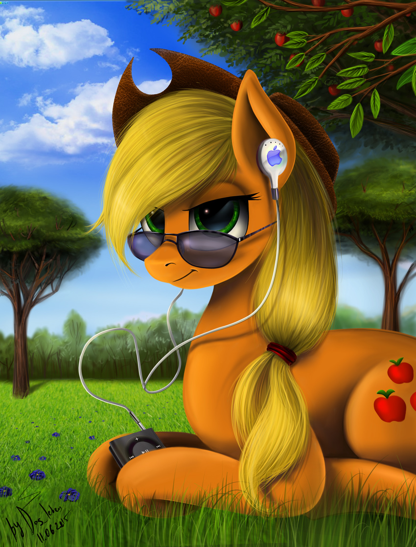 2015 absurd_res apple apple_inc. apple_tree applejack_(mlp) clothing cowboy_hat cutie_mark das-leben earbuds earth_pony electronics equid equine eyewear female feral food friendship_is_magic fruit fruit_tree grass green_eyes hasbro hat headgear headphones headwear hi_res horse ipod ipod_shuffle mammal my_little_pony outside plant pony portable_music_player solo sunglasses tree