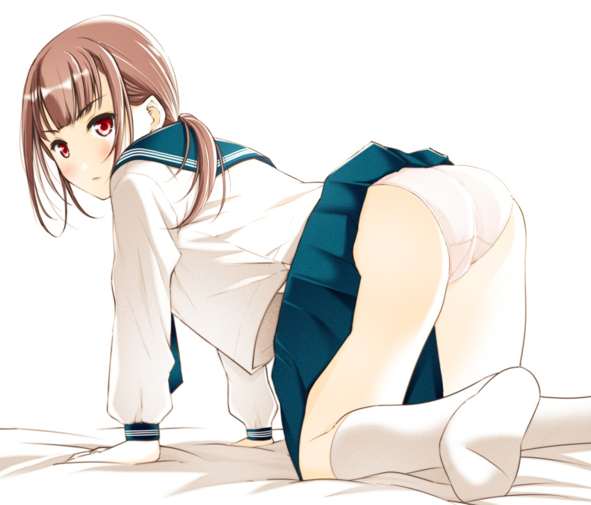 all_fours arm_support ass backlighting bad_id bad_pixiv_id bed_sheet blunt_bangs blush brown_hair clothes_lift crotch_seam feet female from_behind highres kneehighs looking_at_viewer looking_back moonsorrow no_shoes original panties pleated_skirt ponytail red_eyes sailor_collar school_uniform serafuku sidelocks skirt skirt_lift socks soles solo underwear