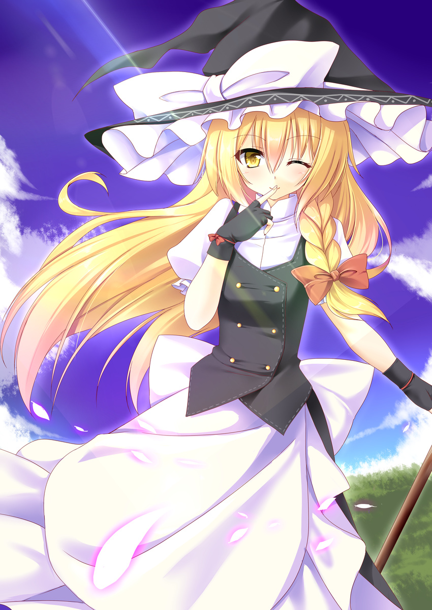 absurdres blonde_hair bow commentary_request female finger_to_mouth fingerless_gloves gloves hat hat_bow highres kirisame_marisa light_rays one_eye_closed partial_commentary solo sunbeam sunlight touhou white_bow witch_hat yellow_eyes yuu_sagi