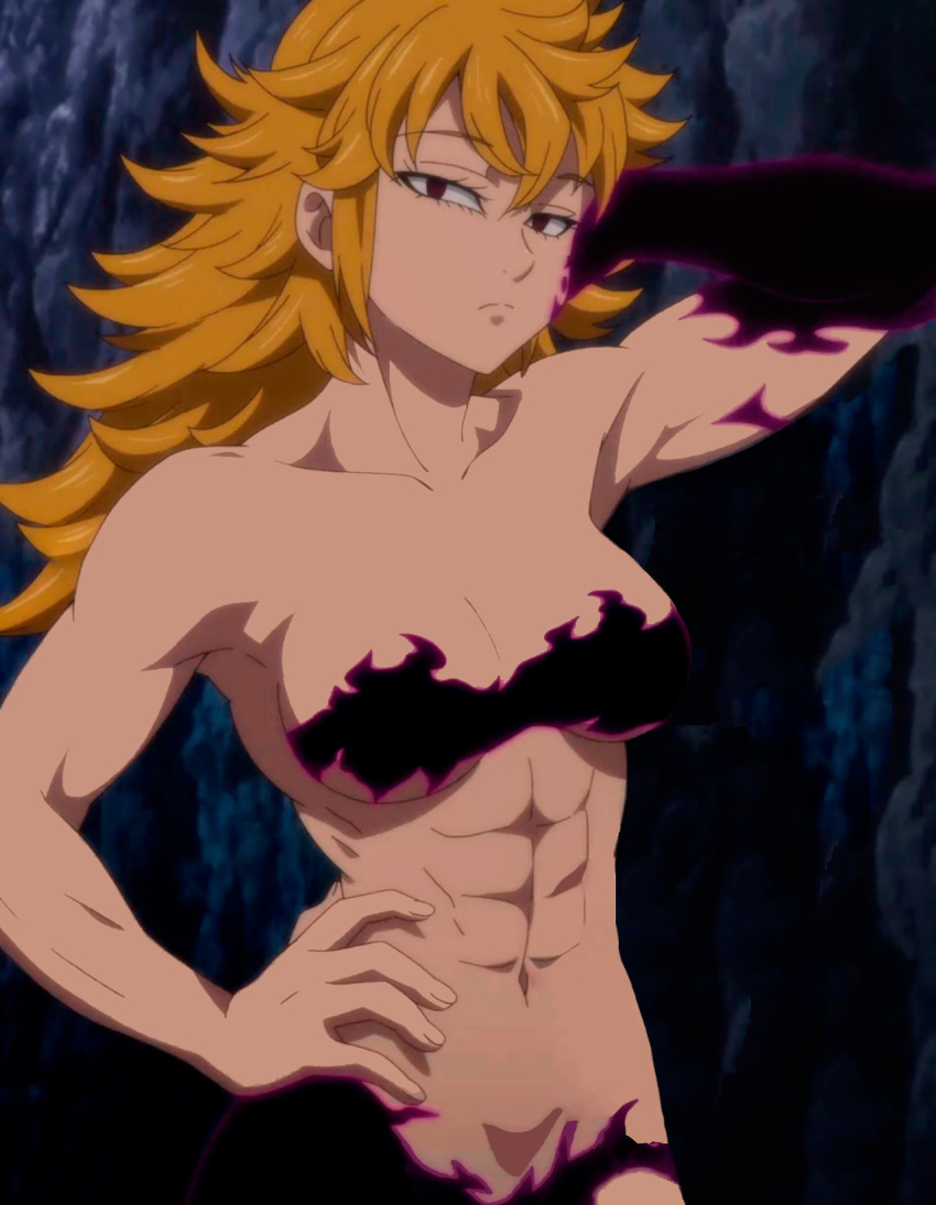 abs black_eyes breasts cleavage derieri facial_tattoo female hand_on_hips long_hair medium_breasts muscles muscular_female nanatsu_no_taizai navel no_clothes orange_hair partially_nude solo spiky_hair tattoo