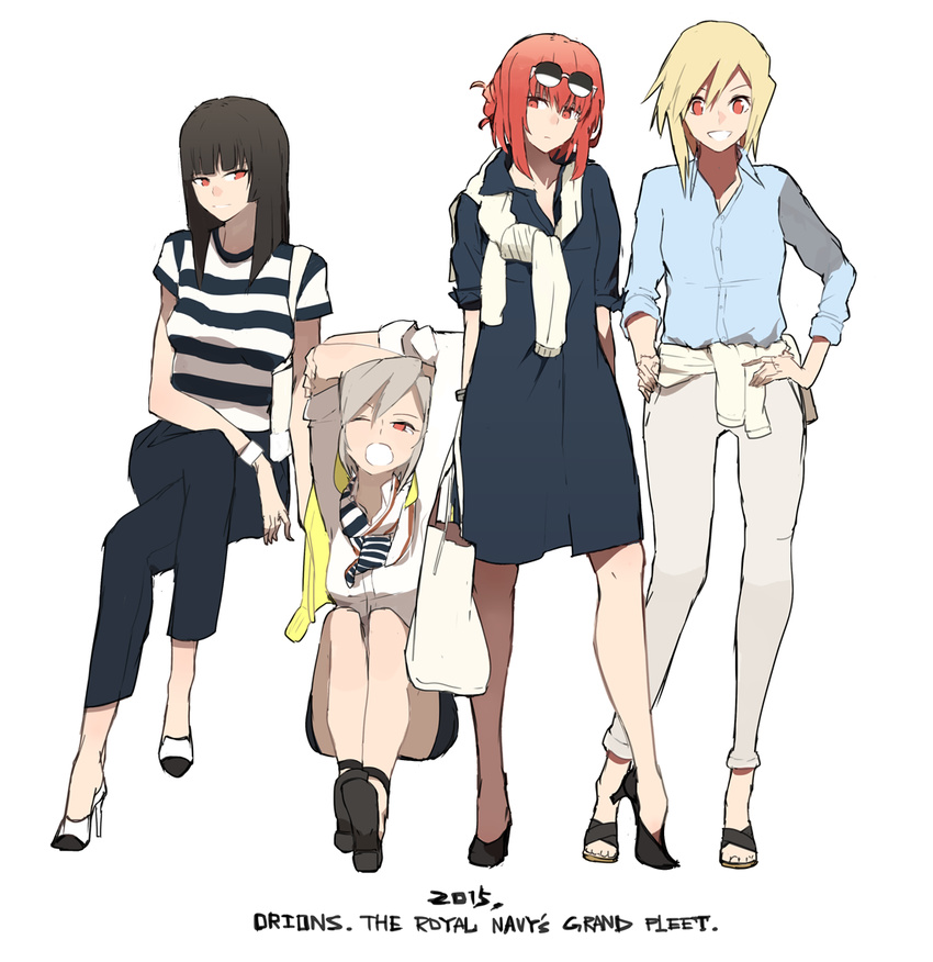 4girls :d alternate_costume arms_up bag black_hair blonde_hair capri_pants casual clothes_around_waist commentary_request crossed_arms crossed_legs dress eyewear_on_head green_hair hand_on_own_hip handbag high_heels hime_cut hms_conqueror_(siirakannu) hms_monarch_(siirakannu) hms_orion_(siirakannu) hms_thunderer_(siirakannu) kantai_collection long_hair multiple_girls no_socks one_eye_closed open_mouth orange_eyes original pants red_hair sandals shirt short_hair siirakannu sitting sleeves_rolled_up smile striped_clothes striped_shirt sunglasses sweater sweater_around_neck sweater_around_waist tears yawning