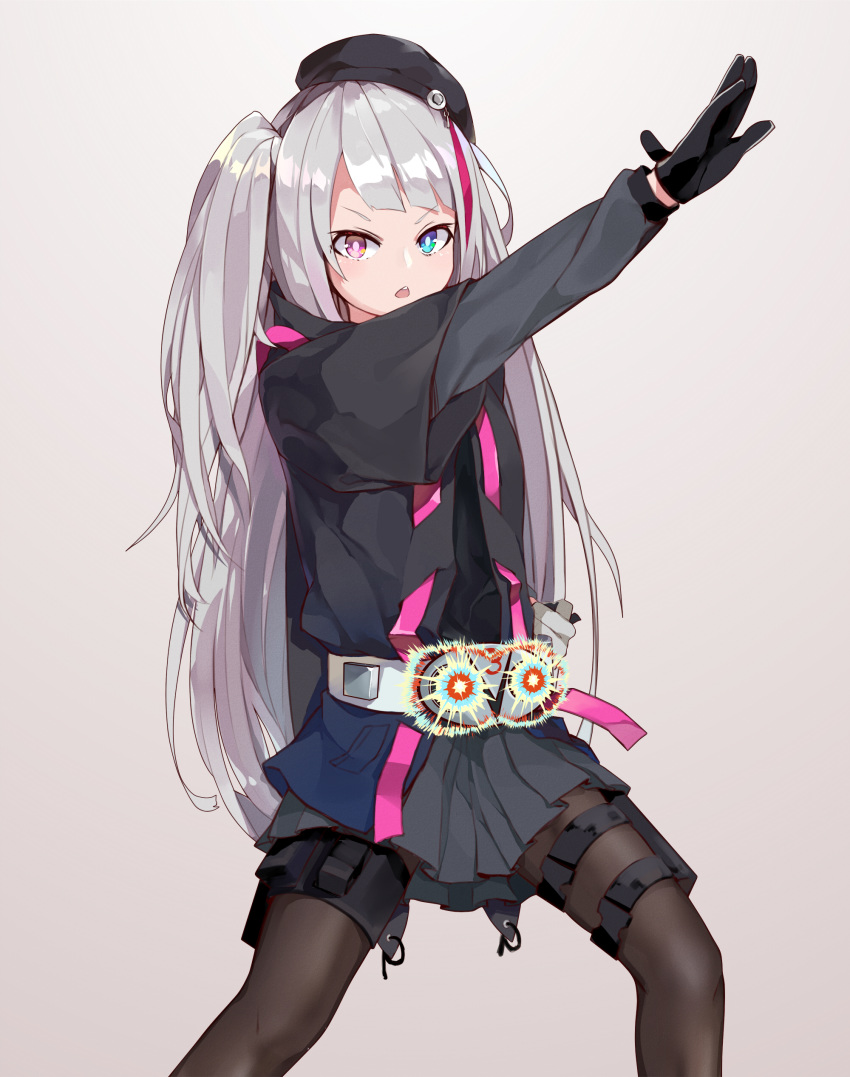 absurdres belt beret black_gloves black_hat black_pantyhose blue_eyes chinese_commentary commentary_request female girls'_frontline gloves grey_hair hat henshin_pose heterochromia highres kamen_rider kamen_rider_v3 kamen_rider_v3_(series) long_hair longzi_(lez) looking_at_viewer mdr_(girls'_frontline) multicolored_hair one_side_up open_mouth pantyhose pink_eyes pink_hair pleated_skirt pose skirt solo streaked_hair thigh_strap