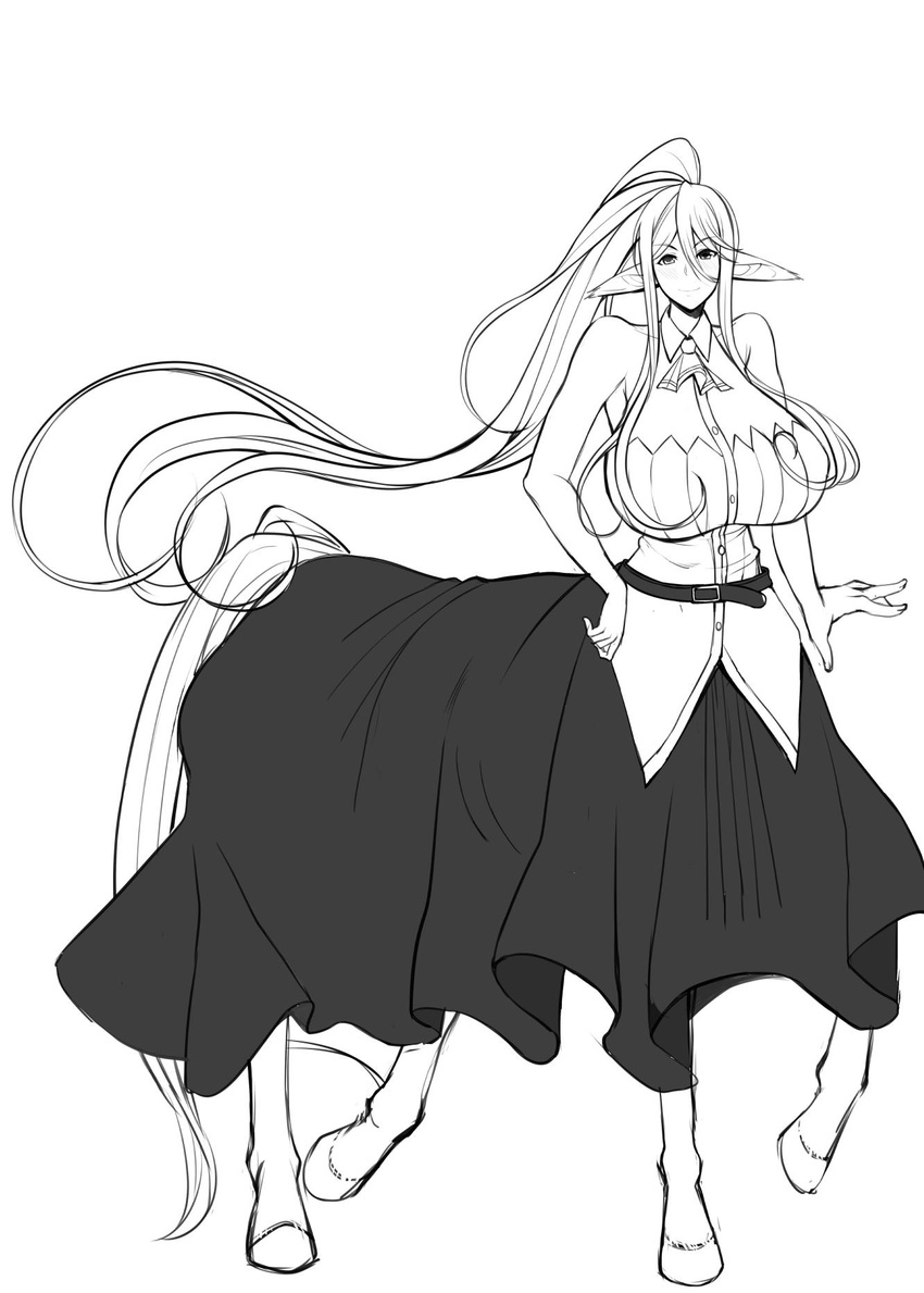 animal_ears blush breasts centaur centorea_shianus commentary_request female greyscale highres horse_ears huge_breasts long_hair monochrome monster_girl monster_musume_no_iru_nichijou niu_ju_(orange_bull) pointy_ears ponytail simple_background sleeveless smile solo tail tall tall_female taur very_long_hair white_background