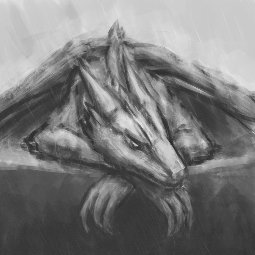 1:1 2018 absurd_res claws digital_media_(artwork) dragon feral hi_res horn klifflod lying male monochrome mythological_creature mythological_scalie mythology raining sad scalie simple_background solo wings