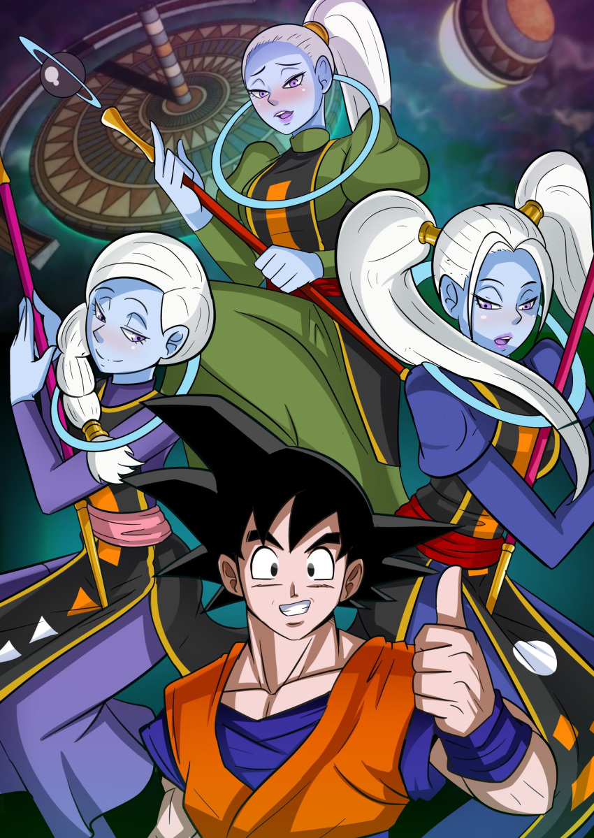 1boy 3girls angel_(dragon_ball) black_hair blue_skin blush braided_ponytail comic cus dragon_ball dragon_ball_super female goku looking_at_viewer male marcarita multiple_girls open_mouth ponytail purple_eyes purple_lips smile son_goku twintails universe_6/universe_7 vados vercomicsporno white_hair