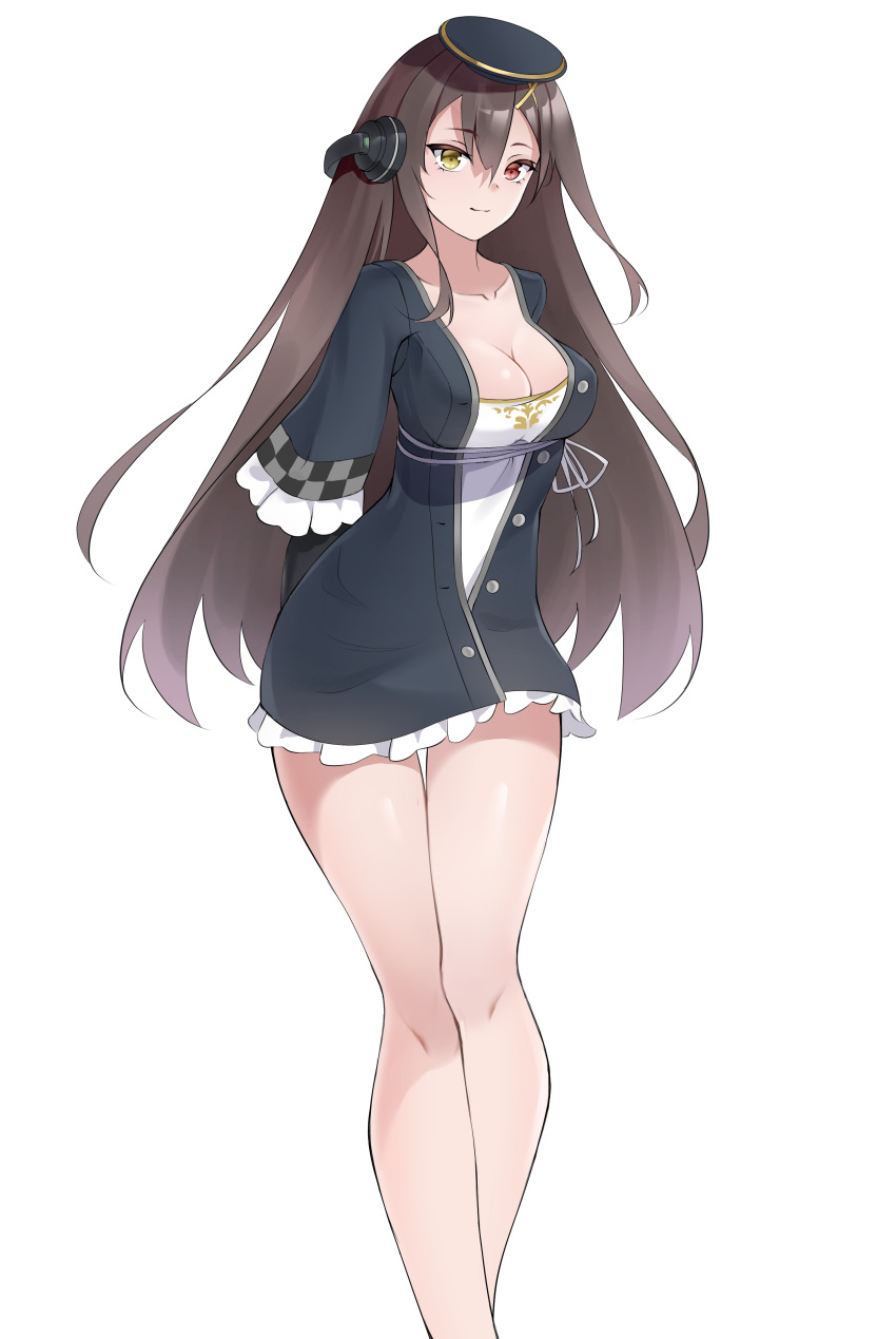 absurdres breasts brown_eyes brown_hair clark_(159123) cleavage commentary female frills girls'_frontline hat headphones heterochromia highres legs looking_at_viewer m1014_(girls'_frontline) simple_background smile white_background yellow_eyes