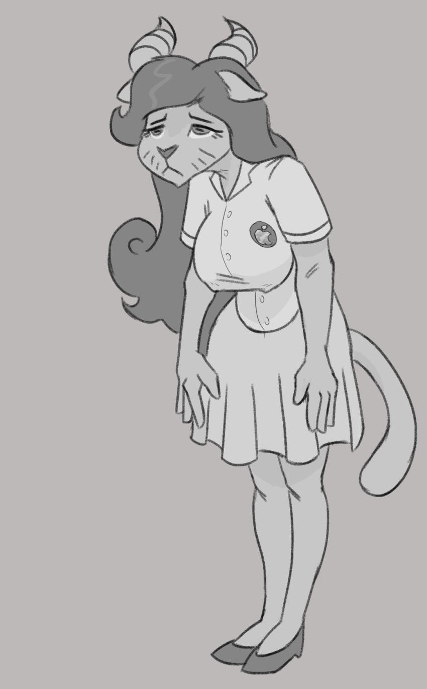 2019 4_fingers anthro big_breasts bottomwear bovid breasts caprine cartoon_network chun-ni clothed clothing domestic_cat felid feline felis female fingers frown fusion goat hair hi_res horn hybrid long_hair mammal mature_anthro mature_female miracle_star monochrome nicole_watterson nipple_outline skirt solo standing stupidgnoll the_amazing_world_of_gumball whiskers