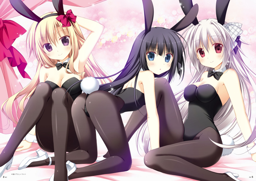 3girls all_fours animal_ears arm_behind_head ass bed_sheet black_bow black_hair black_hairband black_legwear black_leotard blonde_hair blue_eyes blunt_bangs blush bow bowtie breasts choker cleavage fake_animal_ears floating_hair hair_between_eyes hair_ribbon hairband hairbow head_tilt high_heels highres iris_freyja juuoumujin_no_fafnir korie_riko leotard lisa_highwalker long_hair looking_at_viewer looking_back medium_breasts mononobe_mitsuki multiple_girls official_art page_number pantyhose parted_lips playboy_bunny pumps purple_eyes purple_ribbon rabbit_ears red_bow red_eyes ribbon shiny_clothes sitting smile strapless strapless_leotard very_long_hair white_hair white_legwear white_ribbon