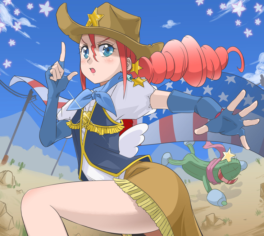 american_flag bad_id bad_pixiv_id blue_eyes blush brooch brown_skirt cactus cowboy_hat cowboy_western day dongol drill_hair earrings female fingerless_gloves freckles fringe_trim gloves happinesscharge_precure! hat hat_ornament heart heart_brooch international_precure jewelry long_hair magical_girl precure red_hair red_haired_cure_(bomber_girls_precure)_(happinesscharge_precure!) saiark scarf skirt sky star_(symbol) star_hat_ornament