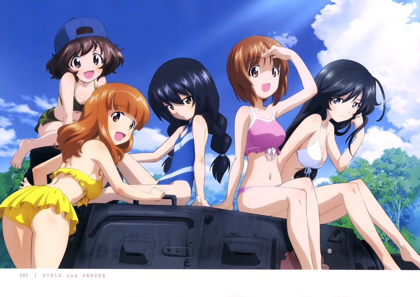 5girls :d absurdres ahoge akiyama_yukari alternate_hairstyle anglerfish ass bikini bikini_shorts black_eyes black_hair blue_eyes blue_hair blue_one-piece_swimsuit blunt_bangs braid breasts brown_eyes brown_hair camouflage camouflage_shorts casual_one-piece_swimsuit cleavage cloud covered_navel day fish flat_chest frilled_bikini frills girls_und_panzer green_bikini hairband highres isuzu_hana long_hair messy_hair military military_vehicle motor_vehicle multiple_girls navel nishizumi_miho official_art on_vehicle one-piece_swimsuit open_mouth orange_eyes orange_hair outdoors panzer_iv pink_bikini reizei_mako ruffling_hair scan shading_eyes short_hair shorts sitting sky small_breasts smile sugimoto_isao swimsuit takebe_saori tank twin_braids white_bikini white_one-piece_swimsuit yellow_bikini