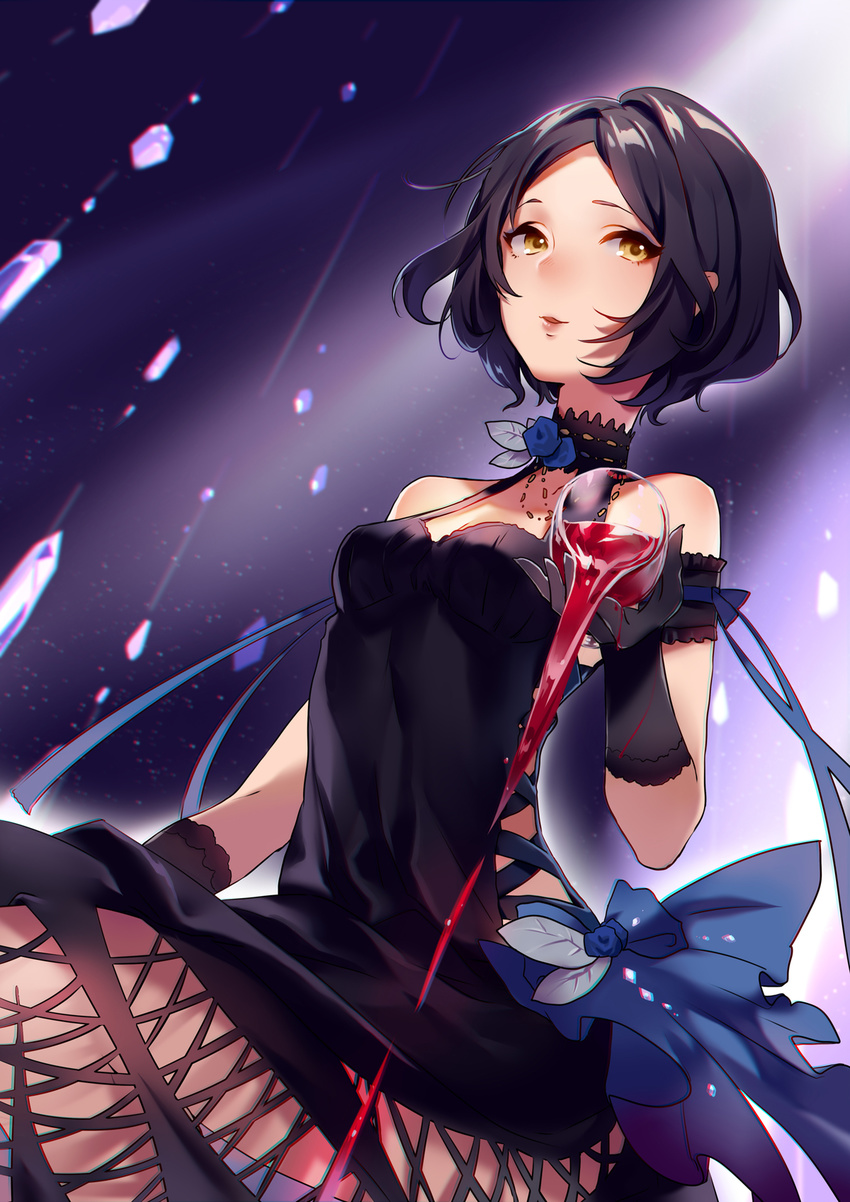 alcohol black_dress black_hair breasts commentary_request dress female hayami_kanade highres idolmaster idolmaster_cinderella_girls limbo_(artist) medium_breasts parted_bangs photoshop_(medium) short_hair smile solo wine yellow_eyes