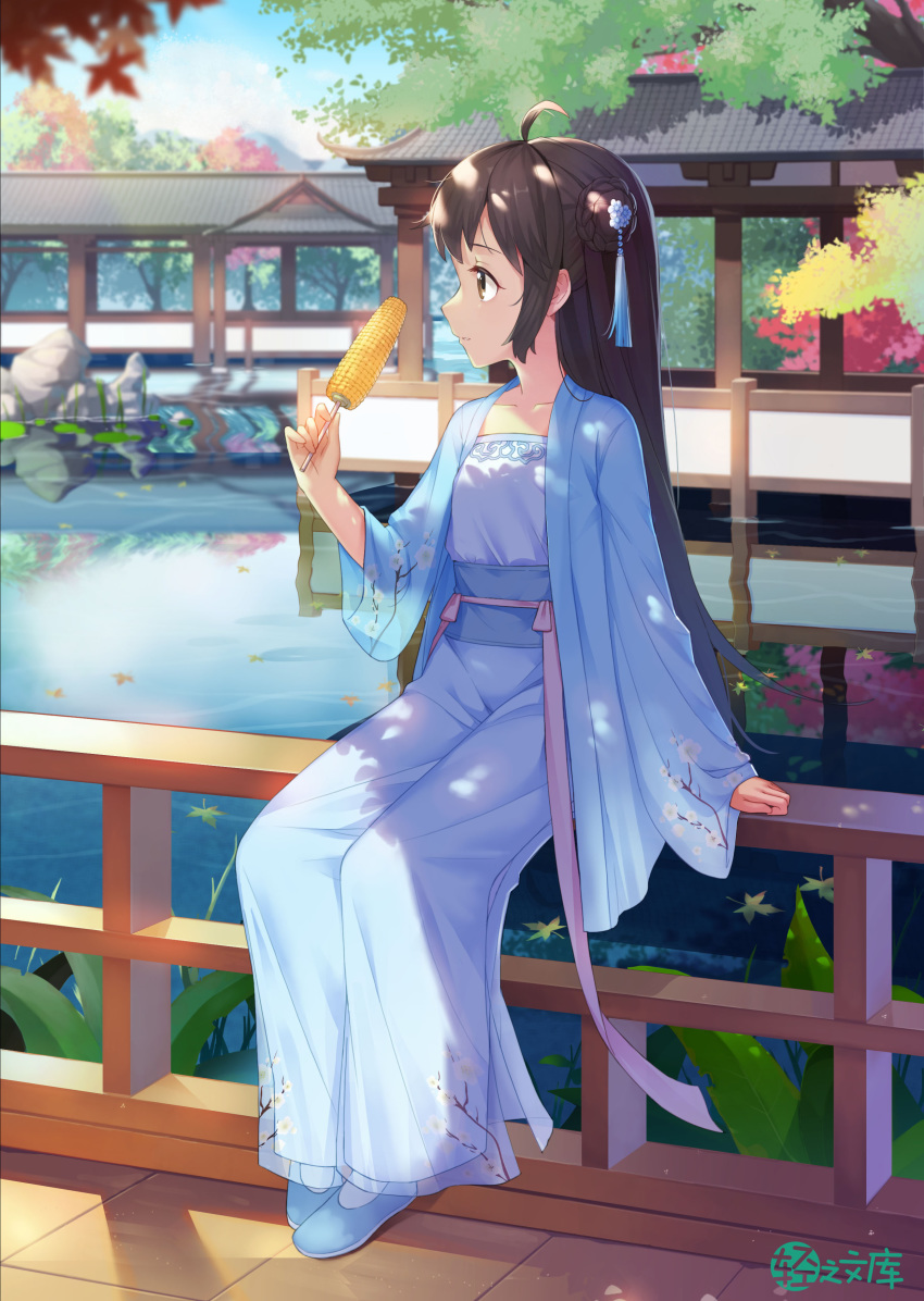 absurdres ahoge architecture autumn_leaves bad_id bad_pixiv_id blue_dress blue_footwear braid braided_bun brown_eyes brown_hair chinese_clothes corn daojia_xiaojie_ye_xiang_chengwei_mofa_shaonu dappled_sunlight day dress duijin_ruqun east_asian_architecture eating female floral_print hair_bun hair_ornament hanfu highres lily_pad long_hair looking_away official_art on_railing outdoors photoshop_(medium) pond railing reflection rock shadow sidelocks single_hair_bun single_side_bun sitting solo sunlight taku_michi tree wide_sleeves