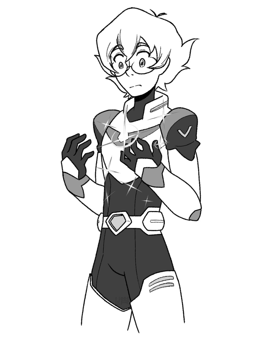 armor belt bodysuit female glasses greyscale highres jode_the_jester looking_down monochrome pidge_gunderson reverse_trap short_hair solo_focus sparkle standing transparent_background voltron:_legendary_defender voltron_(series) watermark