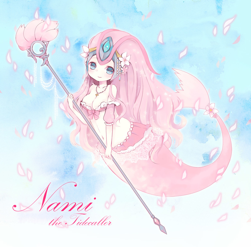 alternate_color blue_eyes blush bow breasts character_name cleavage commentary female flower jewelry koi_nami konatsu_miyu lace league_of_legends long_hair looking_at_viewer medium_breasts mermaid monster_girl nami_(league_of_legends) navel necklace petals pink_hair smile solo staff