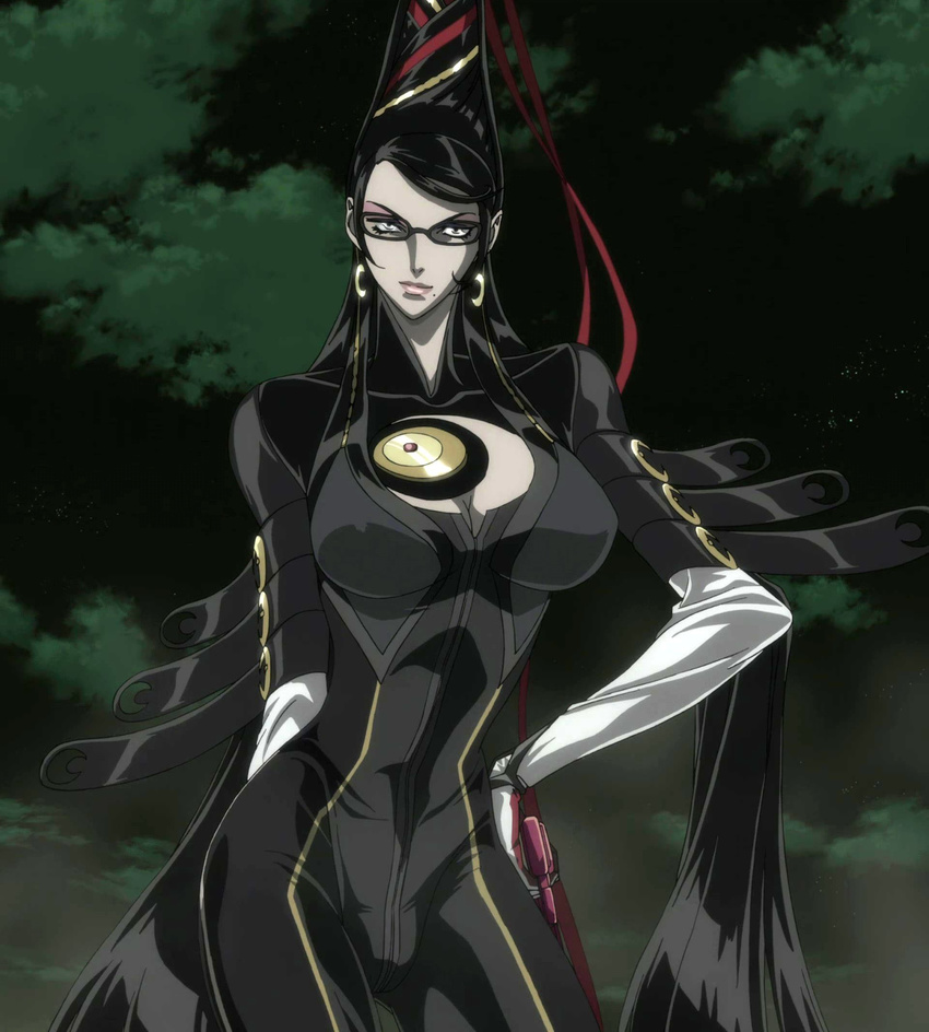 bayonetta bayonetta:_bloody_fate bayonetta_(character) black_hair breasts earrings female glasses highres jewelry large_breasts long_hair screencap smile solo stitched