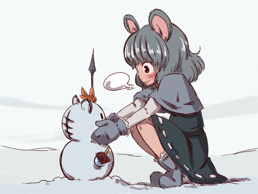 animal_ears bishamonten's_pagoda bishamonten's_spear breath capelet commentary_request dress female grey_dress grey_hair hair_ornament highres mittens mouse_ears nazrin polearm red_eyes smile snow snowman solo sonson_(eleven) spear squatting toramaru_shou touhou weapon