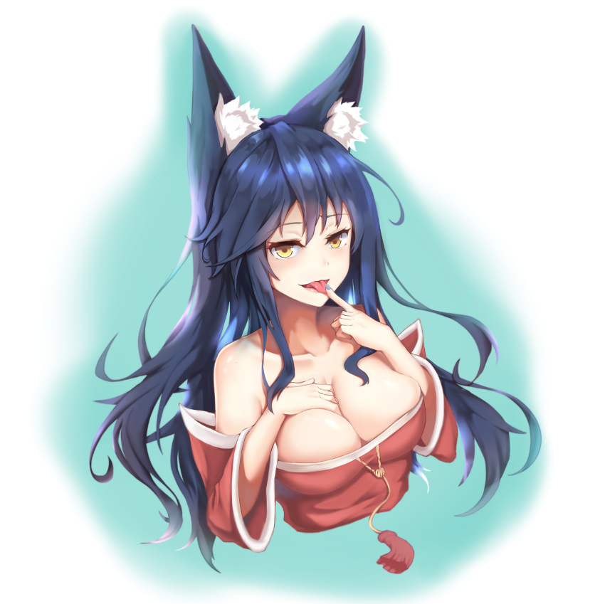 absurdres ahri_(league_of_legends) animal_ear_fluff animal_ears bare_shoulders black_hair blush breasts chinese_commentary cleavage collarbone commentary_request detached_sleeves female fingernails fox_ears fox_girl hand_on_own_chest highres iku!_iku!! korean_clothes large_breasts league_of_legends licking licking_finger lips long_hair looking_at_viewer nail_polish naughty_face partial_commentary seductive_smile smile solo tongue tongue_out yellow_eyes