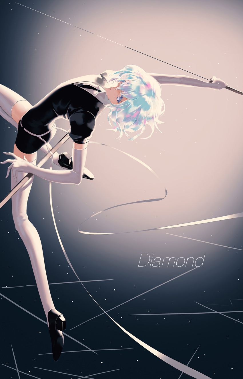 1other androgynous blue_eyes character_name colored_eyelashes commentary_request diamond_(houseki_no_kuni) elbow_gloves gem_uniform_(houseki_no_kuni) gloves highres houseki_no_kuni looking_at_viewer moon-lucky multicolored_eyes multicolored_hair necktie other_focus photoshop_(medium) rainbow_eyes rainbow_hair scabbard sheath short_hair solo sword thighhighs weapon