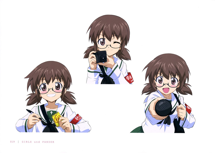 absurdres armband blouse blush brown_eyes brown_hair female girls_und_panzer glasses grin highres holding long_sleeves looking_at_viewer microphone multiple_views notepad official_art open_mouth ou_taiga pen school_uniform serafuku shirt simple_background smile twintails upper_body white_background