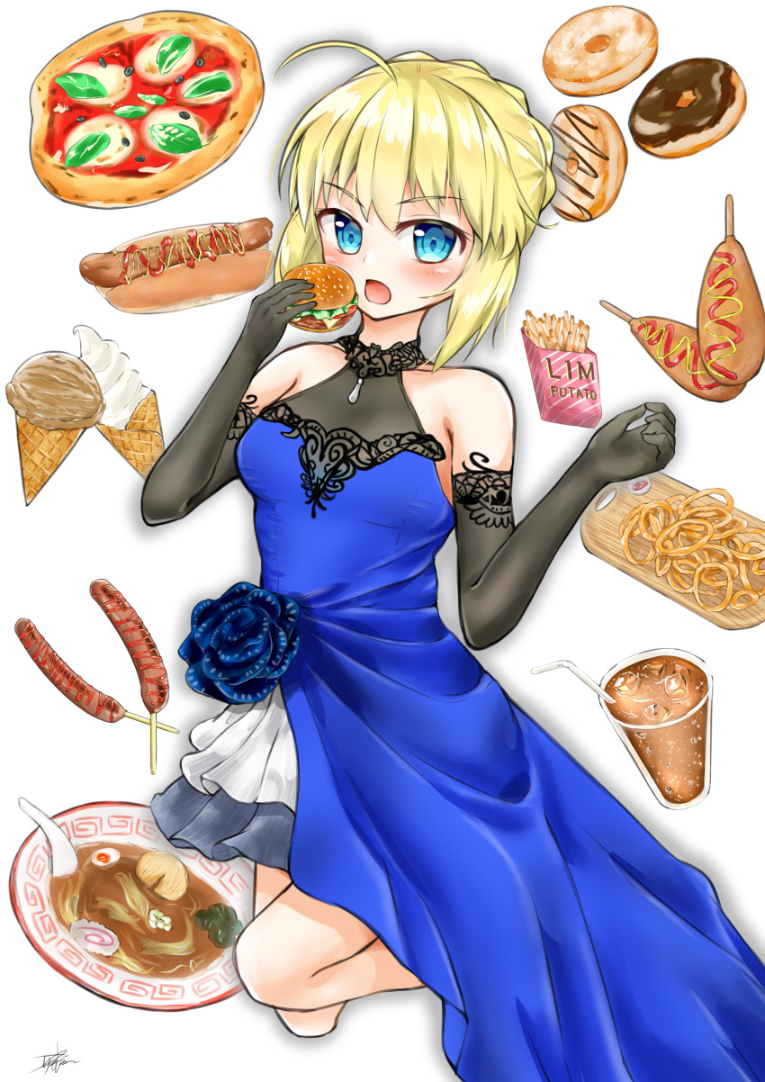 :o absurdres ahoge aqua_eyes artoria_pendragon_(fate) asymmetrical_clothes bare_shoulders basil_leaf bendy_straw black_gloves blonde_hair blue_dress blue_flower blue_rose blush bowl braid breasts burger collarbone commentary corn_dog crown_braid cup doughnut dress drinking_glass drinking_straw eating egg_(food) elbow_gloves fate_(series) female flower food food_request french_fries gloves hands_up hardboiled_egg highres holding holding_food hot_dog ice ice_cream ice_cream_cone ice_cube kamaboko ketchup lace lace-trimmed_dress lace-trimmed_gloves lace_trim large_breasts layered_dress limitlimlim long_dress looking_at_viewer margherita_pizza mustard narutomaki noodles onion_rings open_mouth pizza rose saber_(fate) short_hair sidelocks signature simple_background sleeveless sleeveless_dress soft_serve solo spoon white_background