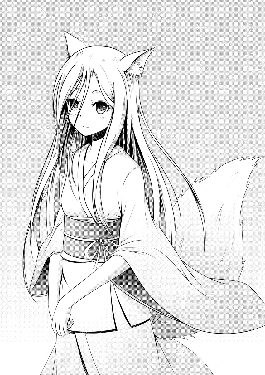 animal_ears asakurashinji blush commentary_request female fox_ears fox_tail greyscale highres hishamaru japanese_clothes long_hair monochrome ribbon smile solo spoilers tail tokyo_ravens wide_sleeves